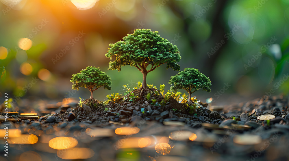 Small trees on a pile of gold coins and a natural green background ...