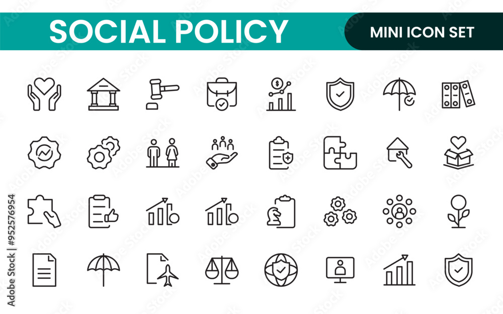 Set of Social Policy and Insuranceline icons. Outline icon collection related to education, insurance, law, goverment and more. Set of Social Policy and Insuranceline icons. Outline icon collection related to education, insurance, law, goverment and more.