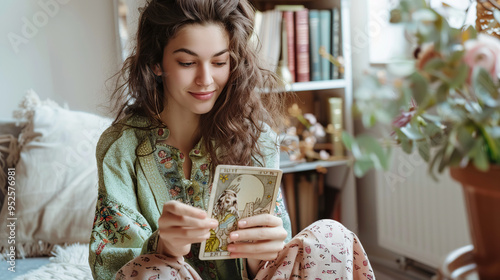  esoteric cute  girl plays out tarot cards.