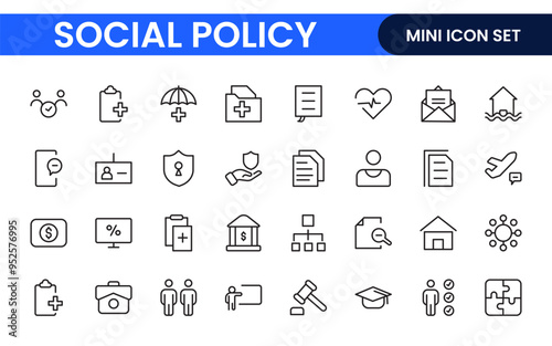 Set of Social Policy and Insuranceline icons. Outline icon collection related to education, insurance, law, goverment and more.