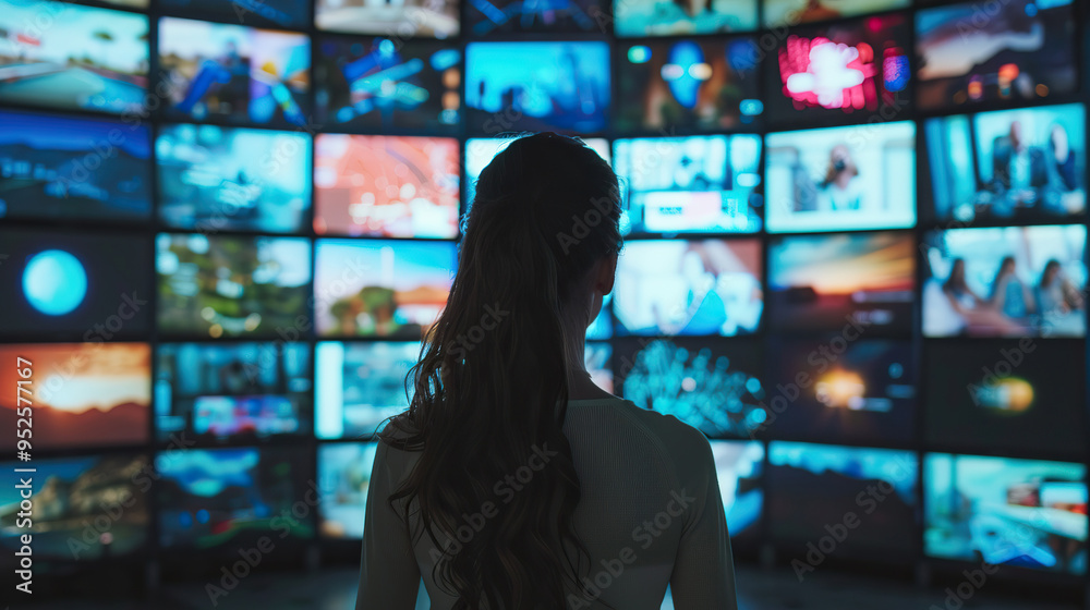Girl against the background of a wall with TV screens Girl against the background of a wall with TV screens