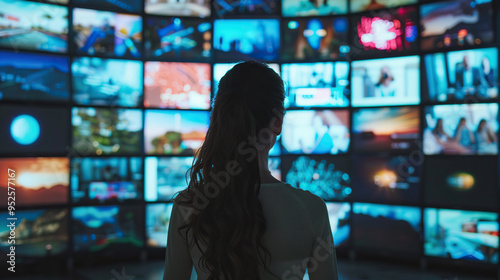 Girl against the background of a wall with TV screens