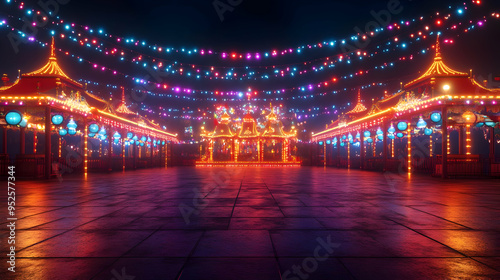 3D Dussehra Fair with Glowing Stalls concept as Wide shot of a Dussehra fair at night with glowing stalls and colorful lights illuminating the scene the glossy effect adding a festive and lively atmos