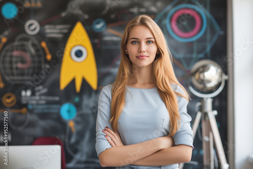 portrait of a young girl against the backdrop of a startup studio office