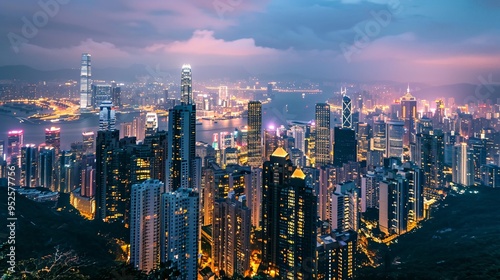 City skyline with towering skyscrapers and bustling streets and evening sky.