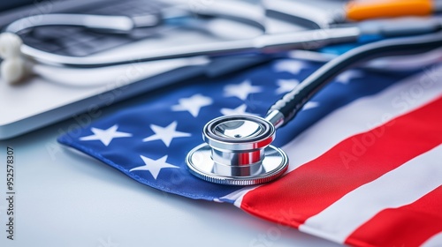 A close-up of the American flag, with a stethoscope in the background