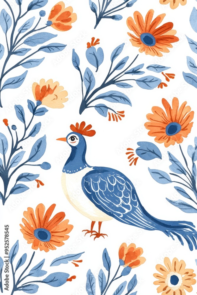 Beautiful blue bird and orange flower seamless pattern on white background, perfect for textile, wallpaper, and decorative design. Beautiful blue bird and orange flower seamless pattern on white background, perfect for textile, wallpaper, and decorative design.