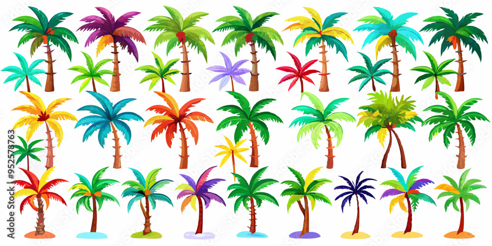set colorful palm trees on white background set colorful palm trees on white background