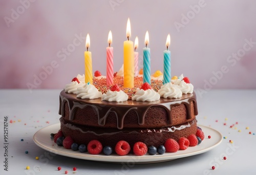 Birthday cake with candle on colorful striped background