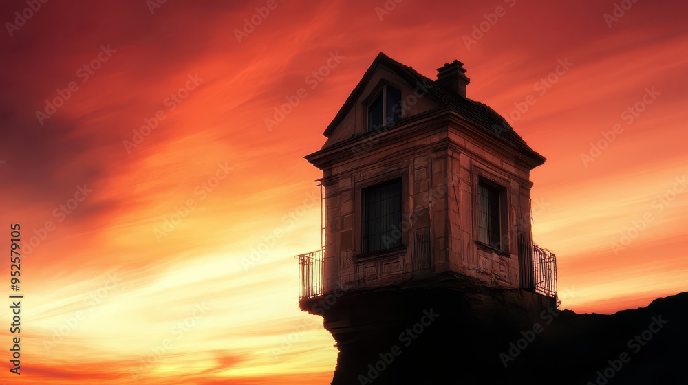 solitary house perched on the edge of a steep cliff, set against a vibrant sunset sky. solitary house perched on the edge of a steep cliff, set against a vibrant sunset sky.