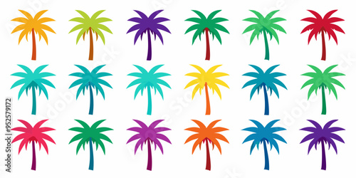set colorful palm trees on white background