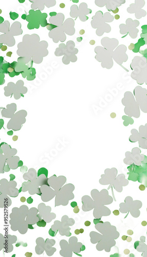 St Patricks Day frame made of paper cut clover and confetti isolated on transparent background