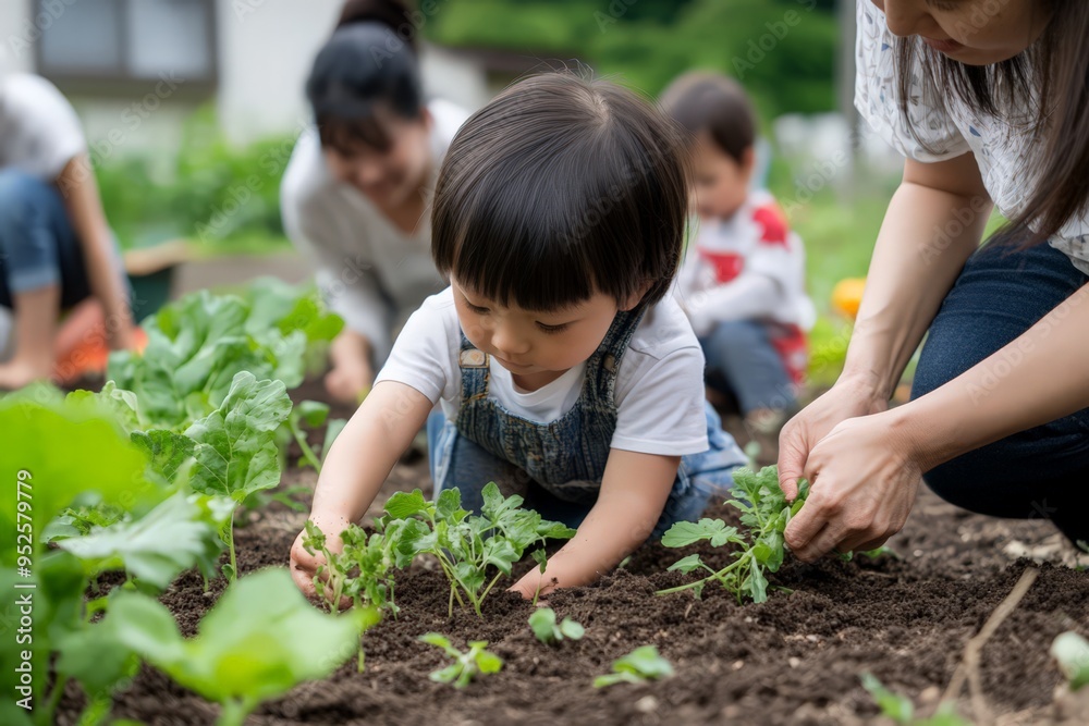 Japanese parents and children planting vegetables in a community garden, small hands holding seeds and planting them into the soil, while adults support them with guidance and smiles. Japanese parents and children planting vegetables in a community garden, small hands holding seeds and planting them into the soil, while adults support them with guidance and smiles.