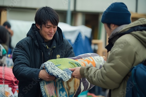 A Japanese volunteer handing out warm blankets at a community shelter, with one hand extending the blanket and the other offering a reassuring touch on the recipient shoulder.