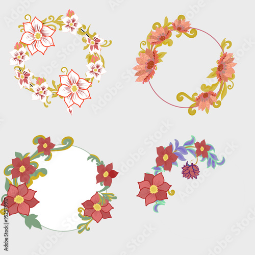 Pink, red, white circle wreath with green leaves, gold on white background. Illustration, vector, Christmas, wedding, birthday, love, new year.