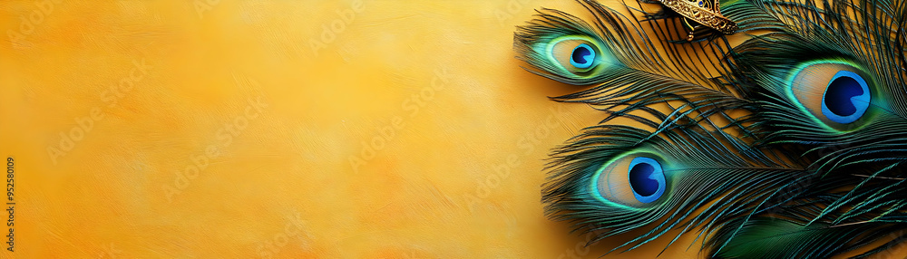 Obraz premium Peacock Feather and Crown Border Frame concept as Horizontal frame with a peacock feather on one side and a crown on the other creating an elegant and royal Dussehra themed copy space focusing on beau