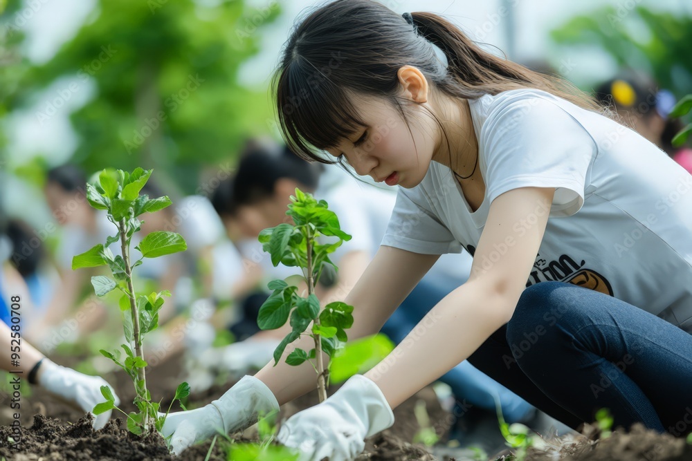 A group of Japanese youth leading a tree-planting initiative in a local park, hands gently placing saplings into the ground, surrounded by the encouragement of the community.