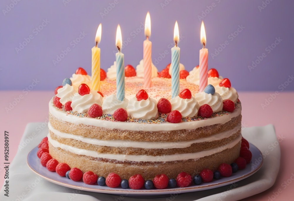 Birthday cake with candle on colorful striped background Birthday cake with candle on colorful striped background