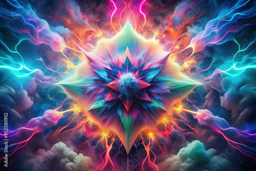 Vibrant abstract cosmic design featuring a geometric star shape with colorful energy bursts and swirling clouds