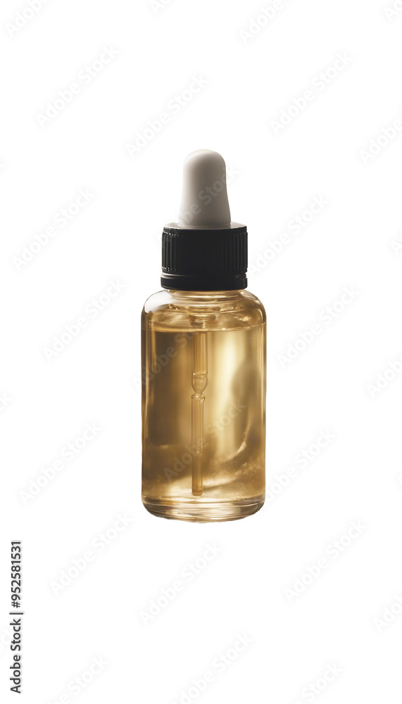 Transparent dropper bottle with serum or essential oil in female hand on stone table with eucalyptus isolated on transparent background Transparent dropper bottle with serum or essential oil in female hand on stone table with eucalyptus isolated on transparent background