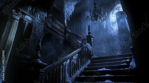 A haunted mansion's grand staircase with cobwebs hanging from the banister and a ghostly figure descending the steps in the dark