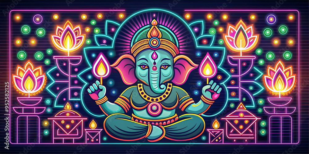 Flat Neon colored abstract art of Labh Pancham rituals with glowing patterns concept as An abstract digital art banner illustrating Labh Pancham rituals depicted through glowing neon colored patterns.