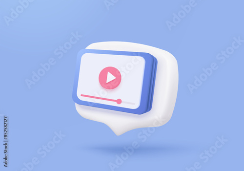 3D live stream icon on social media browser, emotion in cinema frame. Social media playing video promote the idea of passive revenue generation. 3D live entertainment icon vector render illustration