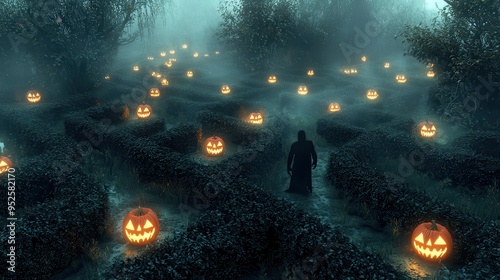 A scary scene of a shadowy figure lurking in a foggy garden maze surrounded by tall hedges glowing jack o lanterns marking the paths photo