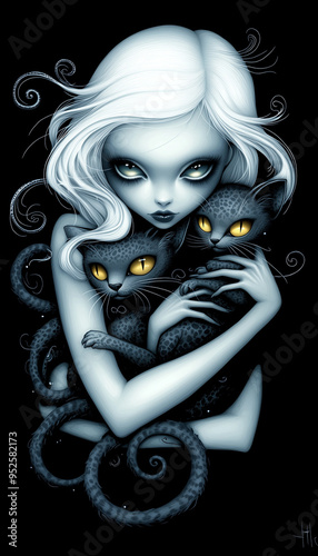 black and white portrait of a woman with cats