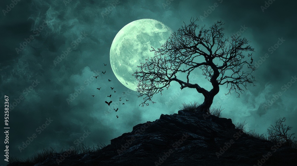 Naklejka premium A full moon rising over a spooky hilltop with a single gnarled tree silhouetted against the sky bats flying out of the tree's branches