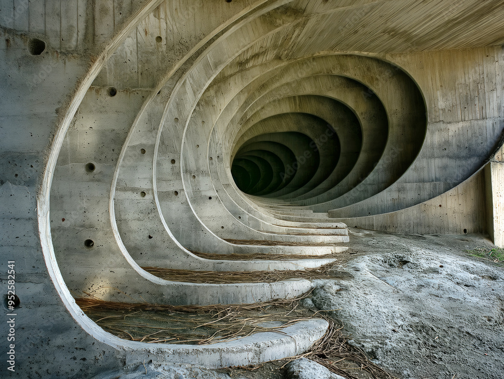 A tunnel made of concrete with a spiral shape. The tunnel is dark and has a mysterious feel to it