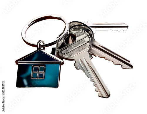 House keys featuring a PNG cutout of a house on a keychain  