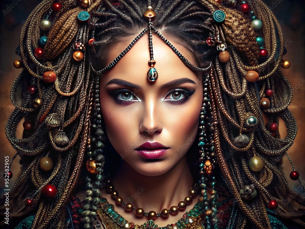 A dark, tangled hair mass weaves intricate braids and twists, adorned with beads and thread, framing the face with defined patterns and textures. A dark, tangled hair mass weaves intricate braids and twists, adorned with beads and thread, framing the face with defined patterns and textures.