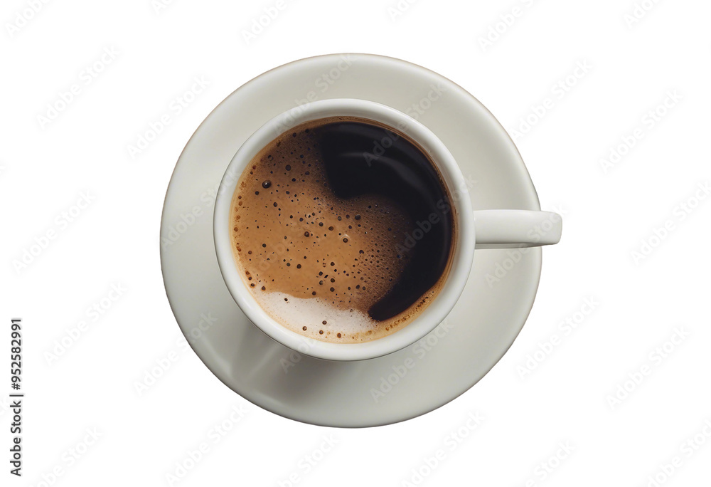 White cup and saucer with freshly brewed strong black espresso coffee with crema top view isolated on transparent background