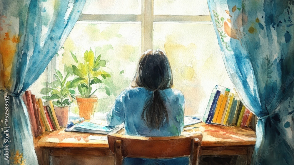 Serene Study Session - Watercolor painting of a student absorbed in books at a sunlit desk, with curtains swaying gently and vibrant plants in the background. Serene Study Session - Watercolor painting of a student absorbed in books at a sunlit desk, with curtains swaying gently and vibrant plants in the background.