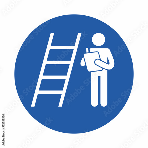 Stick figure of a person conduct safety inspection for straight ladder vector illustration. Industrial standard and procedure for periodical checking.