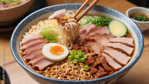 ramen topped with sliced ​​pork and sunny side up egg