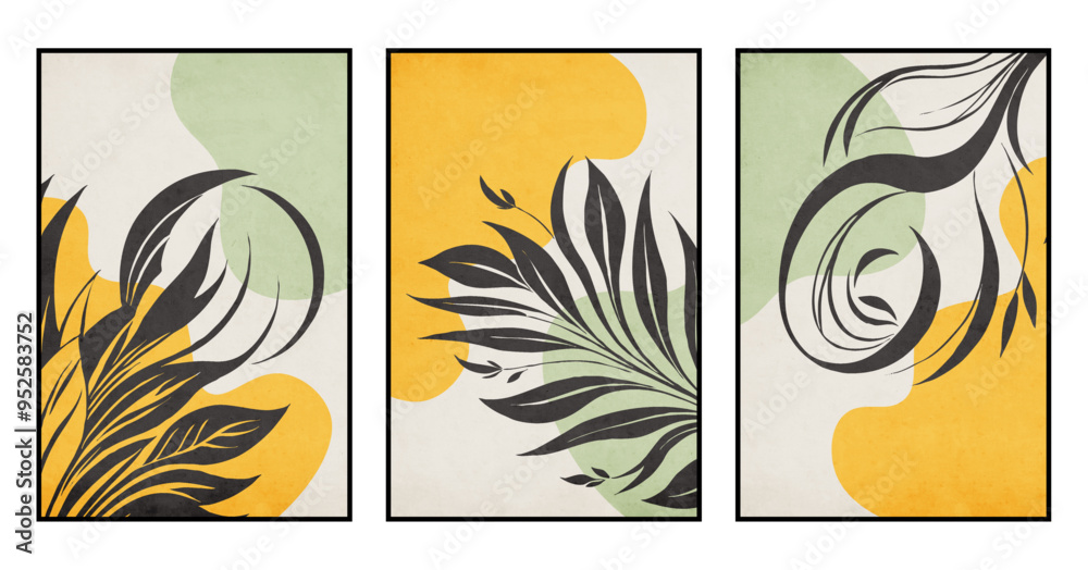 Fototapeta premium Set of 3 botanical illustrations for printing on wall decorations, covers, leaflets