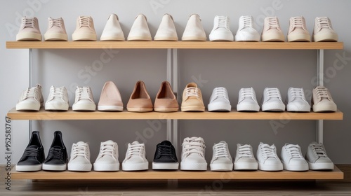 Wallpaper Mural Assorted shoes on a wooden shoe rack in a home setting. Organization and interior design concept Torontodigital.ca