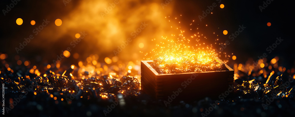 A glowing treasure box emits sparks and light, creating a magical atmosphere with shimmering particles in the background. A glowing treasure box emits sparks and light, creating a magical atmosphere with shimmering particles in the background.