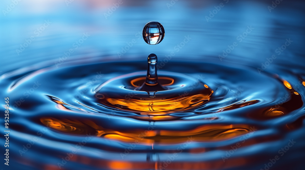 Water droplet creates perfect ripple in blue liquid. Concept of tranquility and fluid dynamics. Water droplet creates perfect ripple in blue liquid. Concept of tranquility and fluid dynamics.