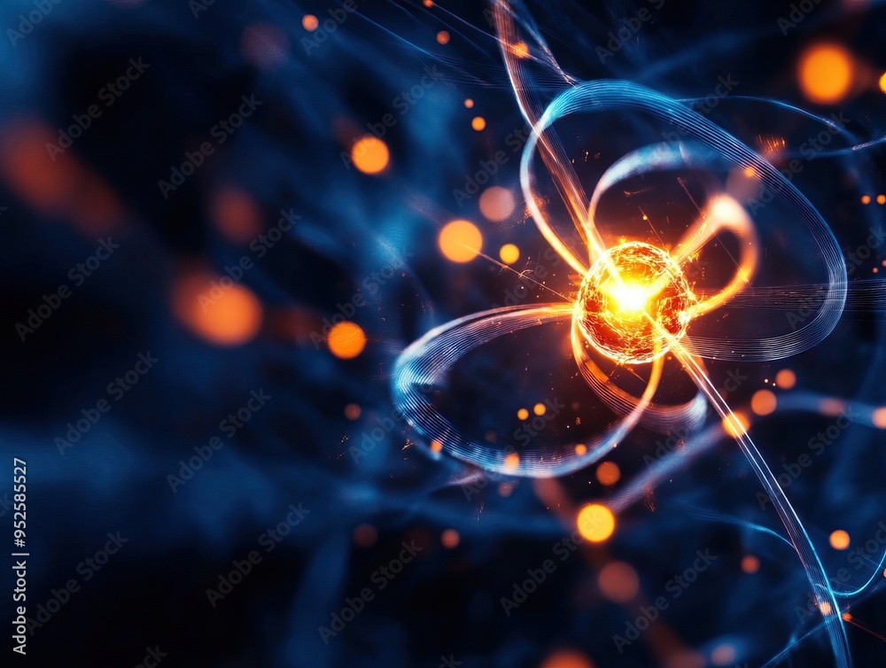 Obraz premium Dynamic representation of a molecular structure with glowing particles on a dark background, illustrating scientific concepts.