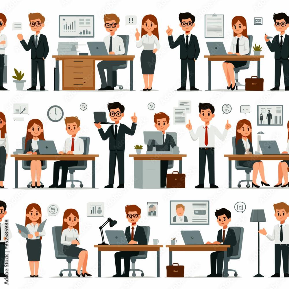 business people icon set in work desk job busy business people icon set in work desk job busy