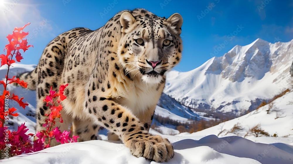 Snow Leopard Getting Blended Into a Vibrant Winter Landscape Snow Leopard Getting Blended Into a Vibrant Winter Landscape