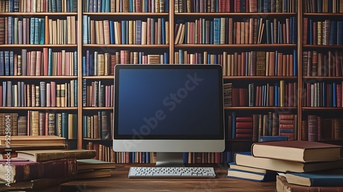 Computer on a desk with books in a library setting.