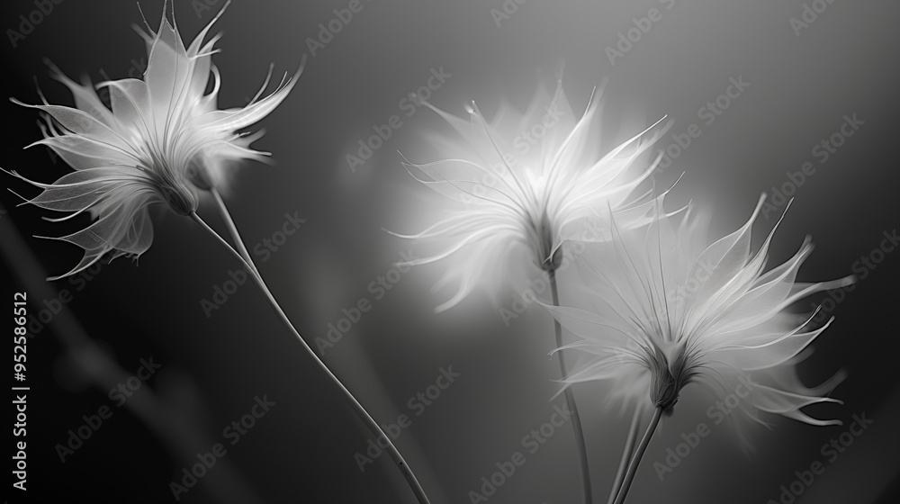 Fototapeta premium Plan zoom et macro sur des plantes, fleurs. Image en noir et blanc, photographie dans un style cinématique. Nature, faune, végétation, plante. Pour conception et création graphique.