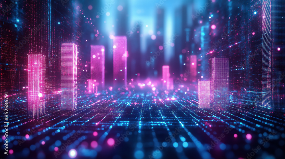Obraz premium Futuristic digital cityscape with glowing holographic skyscrapers