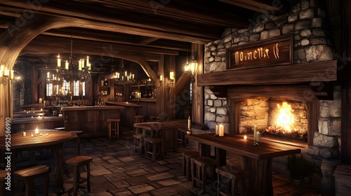 Inviting candle-lit tavern in a medieval setting featuring wooden tables and a roaring fireplace Warm with rich wood tones and soft flickering light realistic 3D rendering