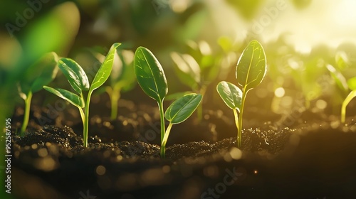 Young green seedlings sprouting in fertile soil, symbolizing growth and sustainability in organic farming. photo