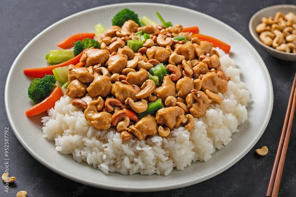 Cashew Chicken: A portion of cashew chicken served with a side of steamed white rice on a plain white plate Cashew Chicken: A portion of cashew chicken served with a side of steamed white rice on a plain white plate